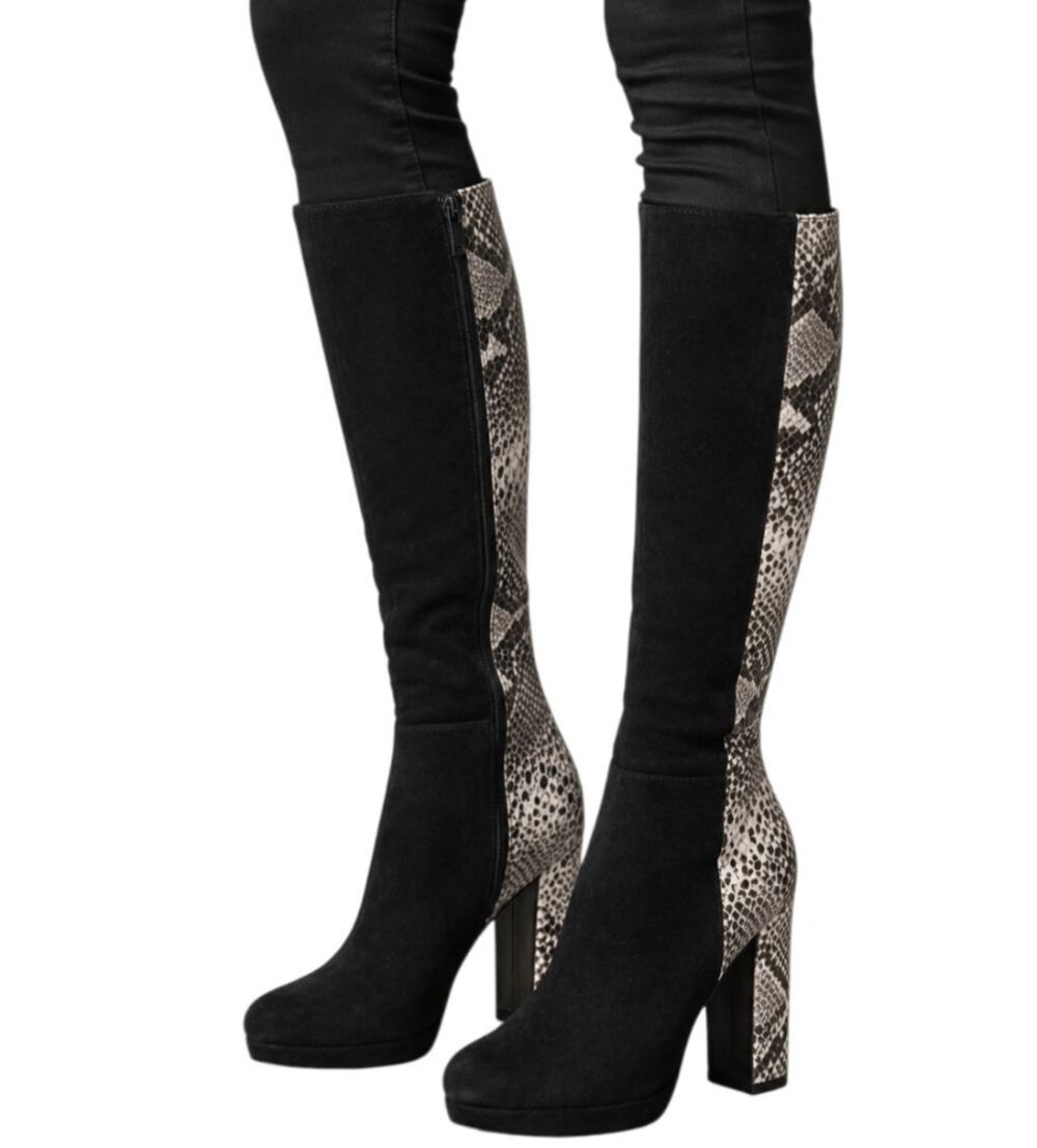 POUR LA VICTOIRE Tall Snakeskin Black Suede Heeled Knee High Boot Size 7.5